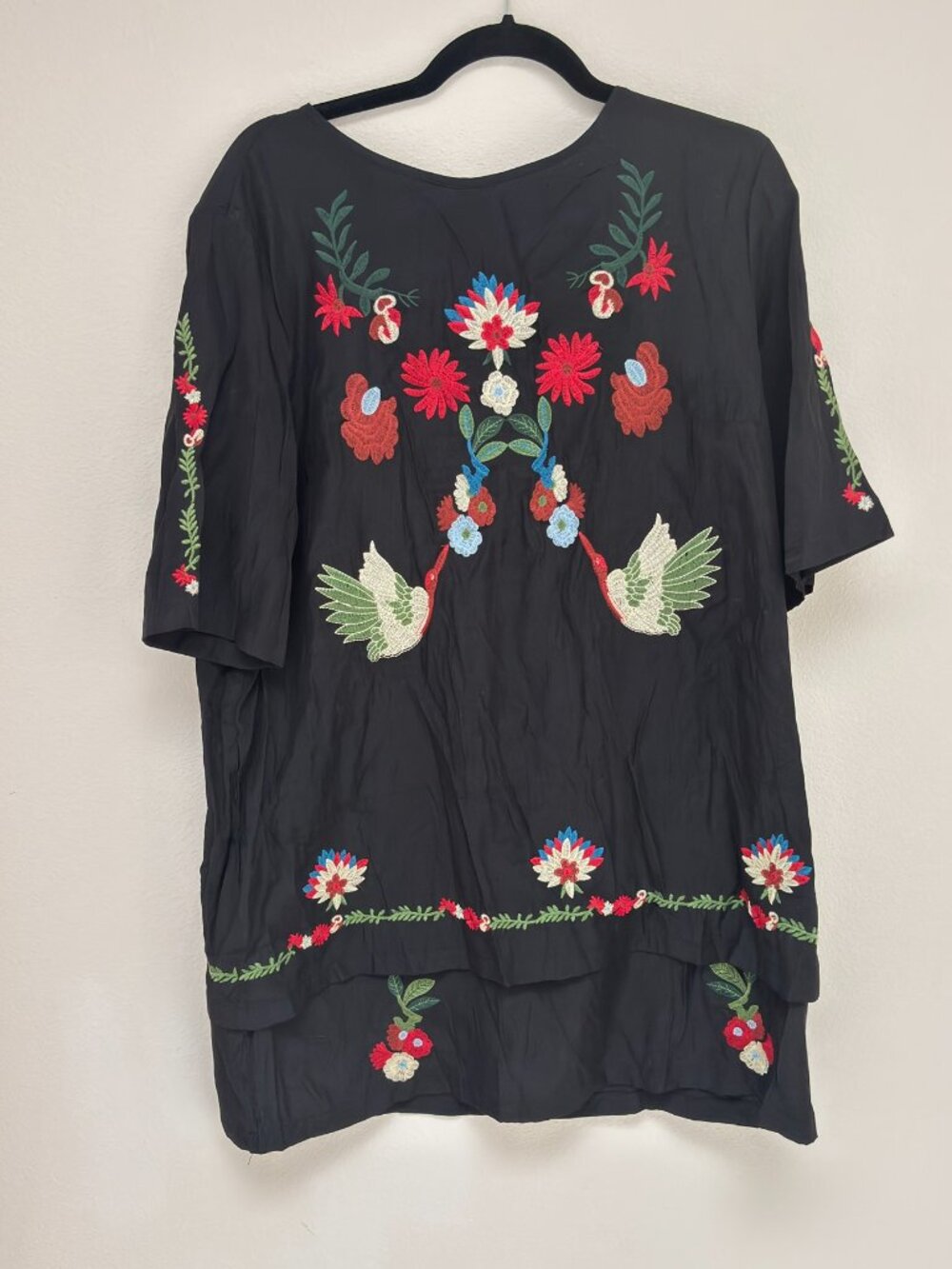 Runway Black Embroidered Bird Floral Folk Tunic Dress Boho L - Picture 5 of 5